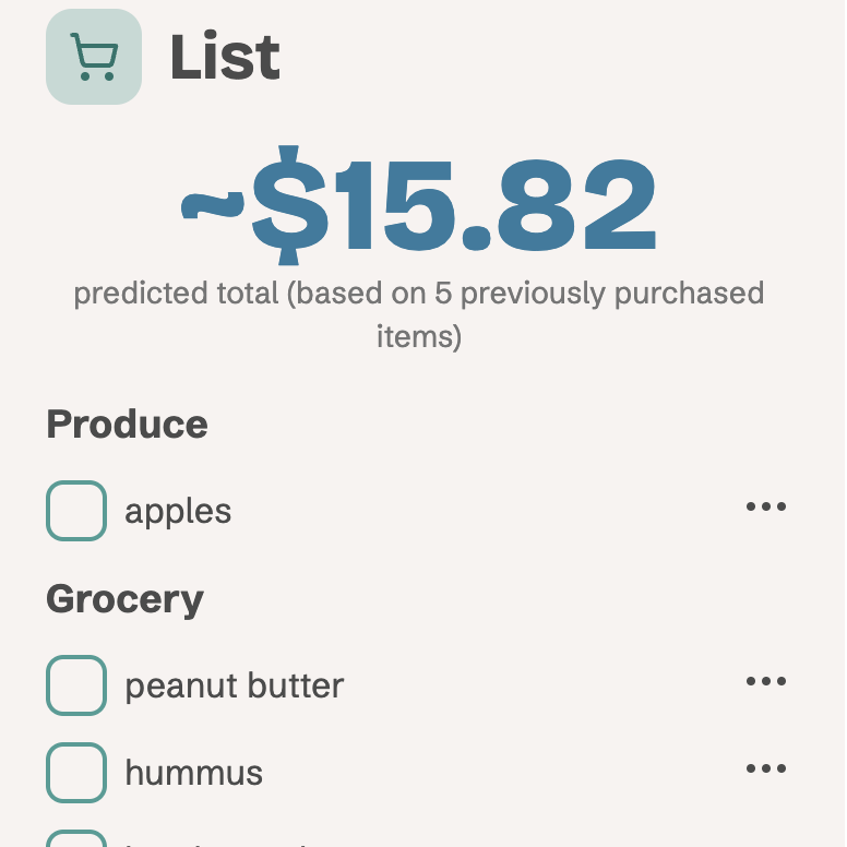 A shopping list view page